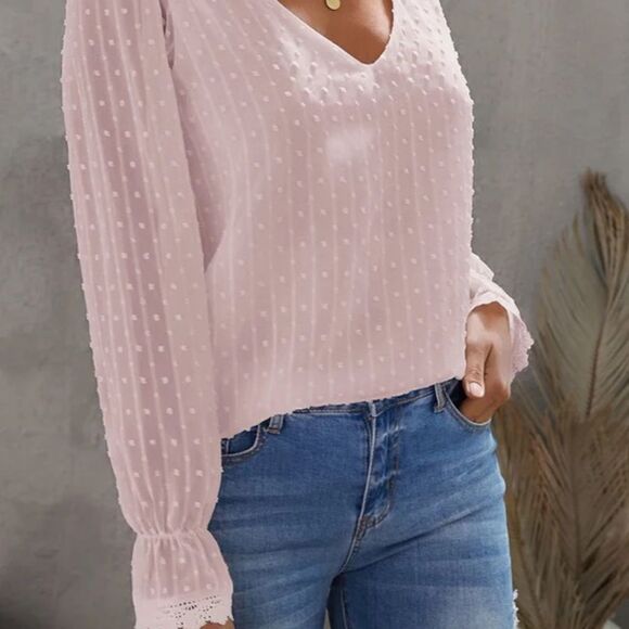 V Neck Puff Sleeve Swiss Dot Blouse Long Sleeve Pink - Picture 2 of 7
